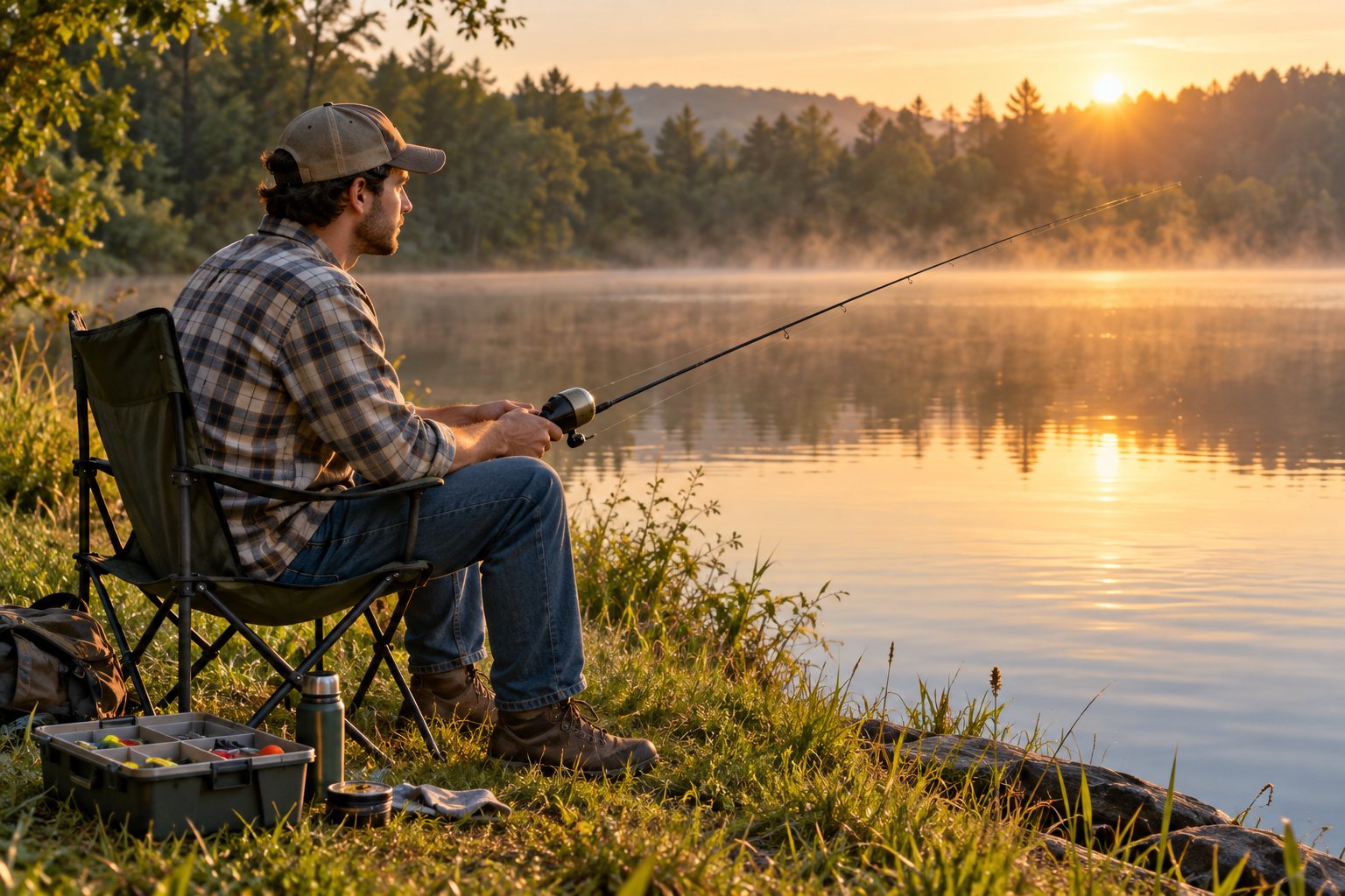 Beginner angler testing a spincast reel on a calm pond