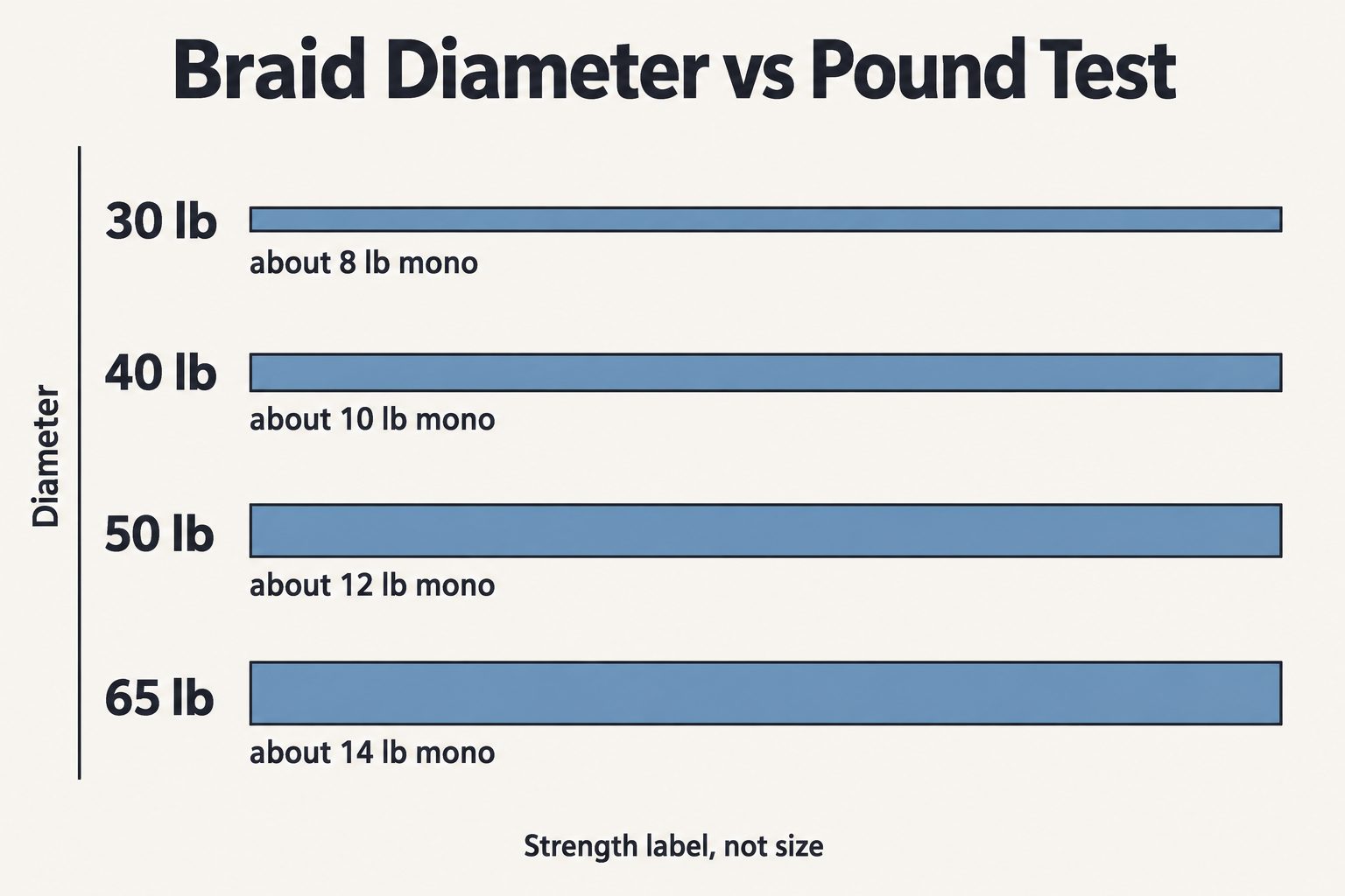 Chart comparing the diameter of 30, 40, 50 and 65 pound braid with equivalent monofilament sizes