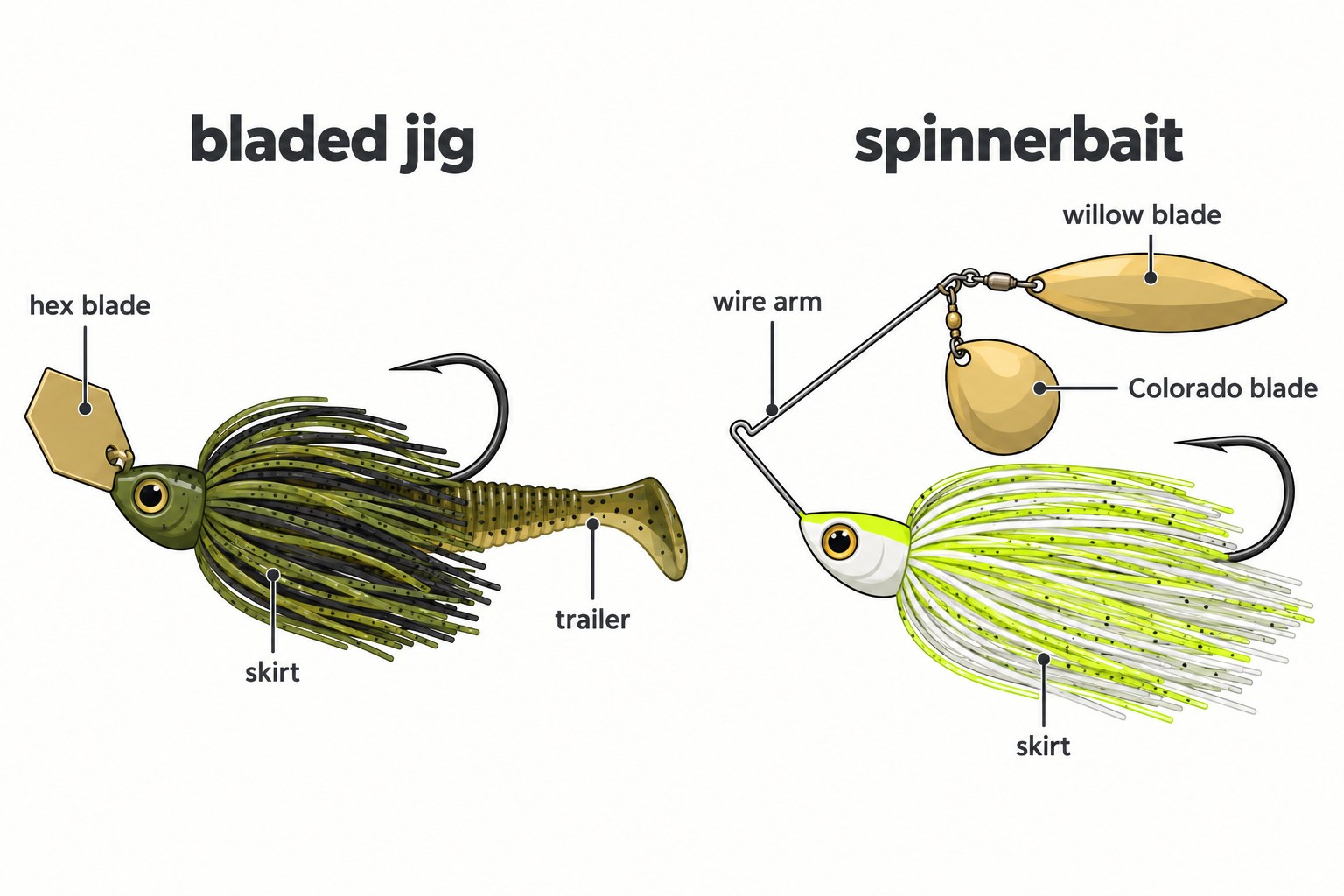 Labeled side-by-side comparison of a bladed jig and a spinnerbait showing their parts