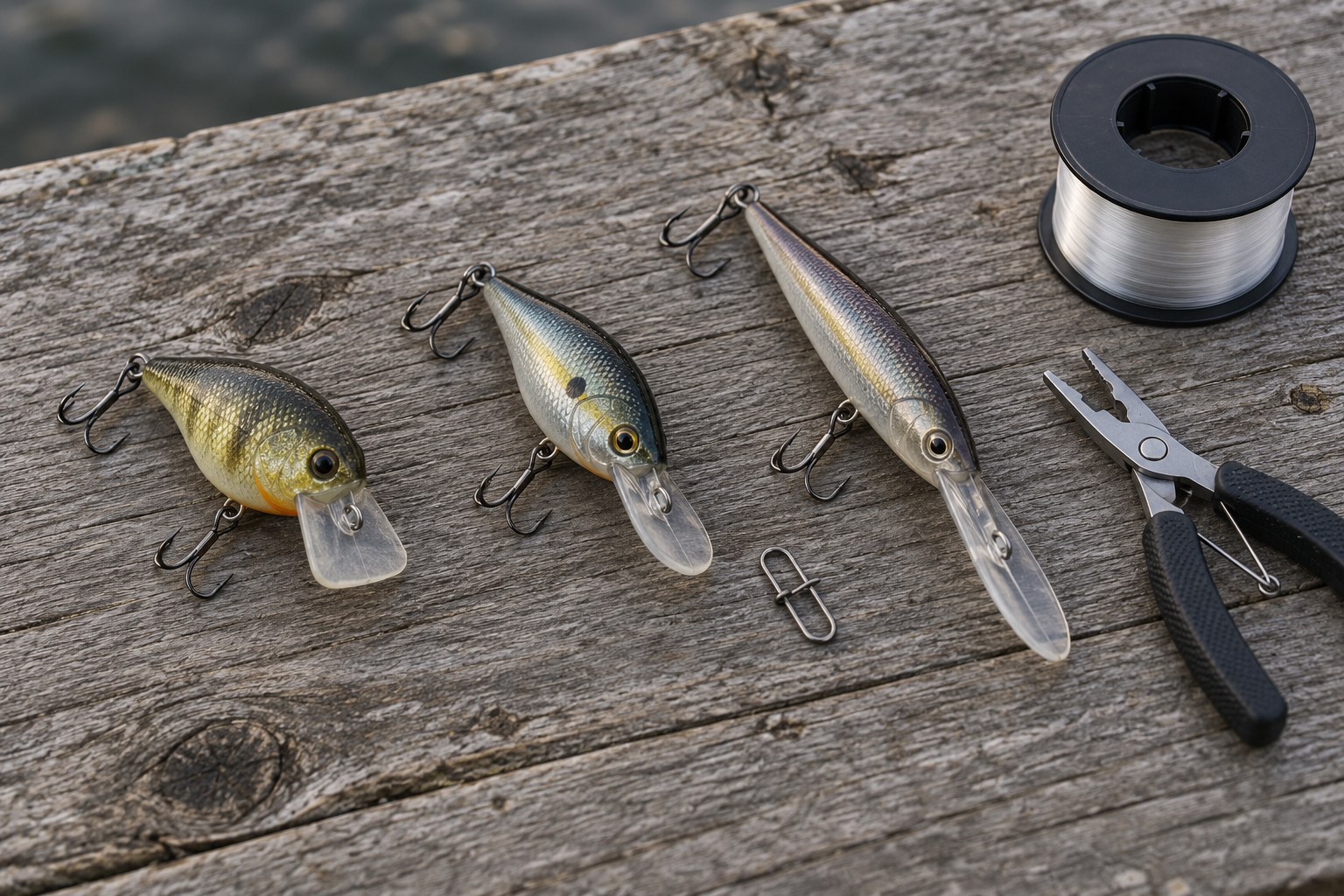 Overhead layout of shallow, medium, and deep-diving crankbaits on weathered dock boards