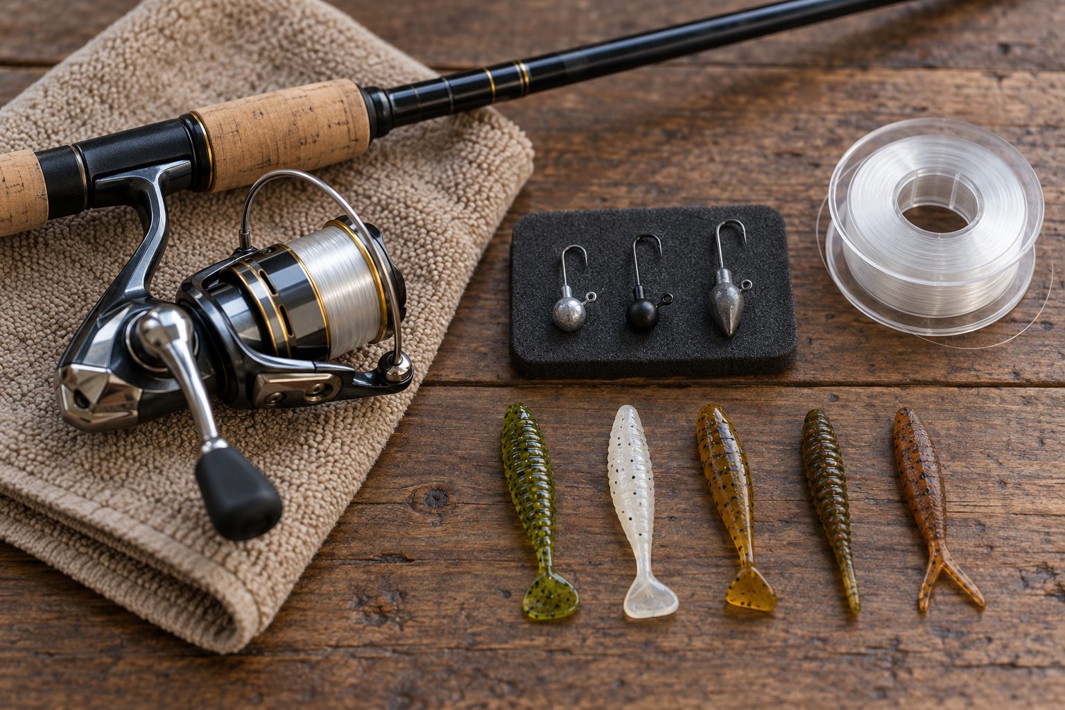 Finesse tackle laid out on a towel: light spinning combo, small jig heads, short soft plastics