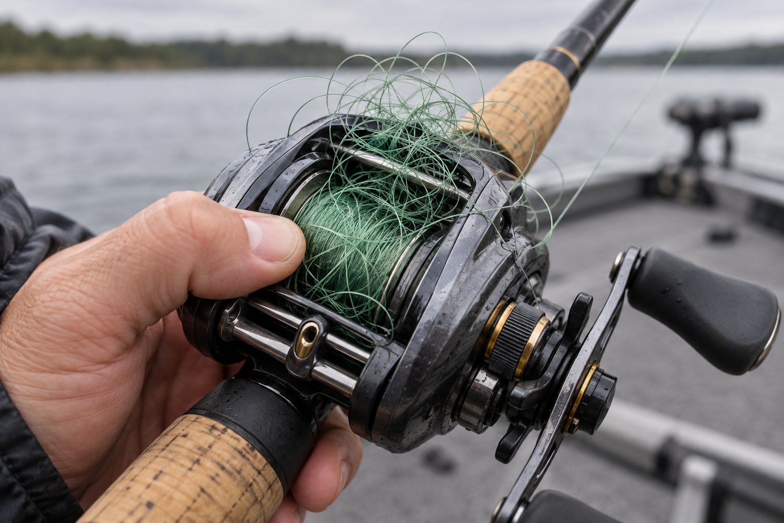 Close-up of tangled fishing line bird's nest on a baitcaster spool