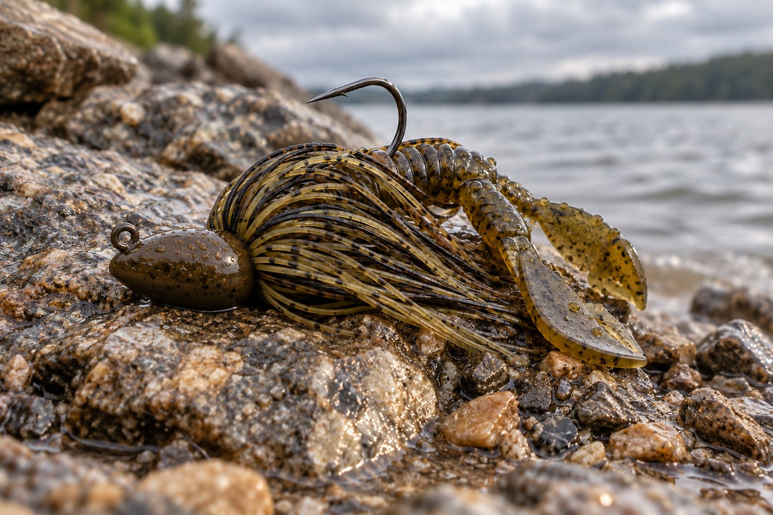 Football jig with a craw trailer lying on wet gravel and chunk rock