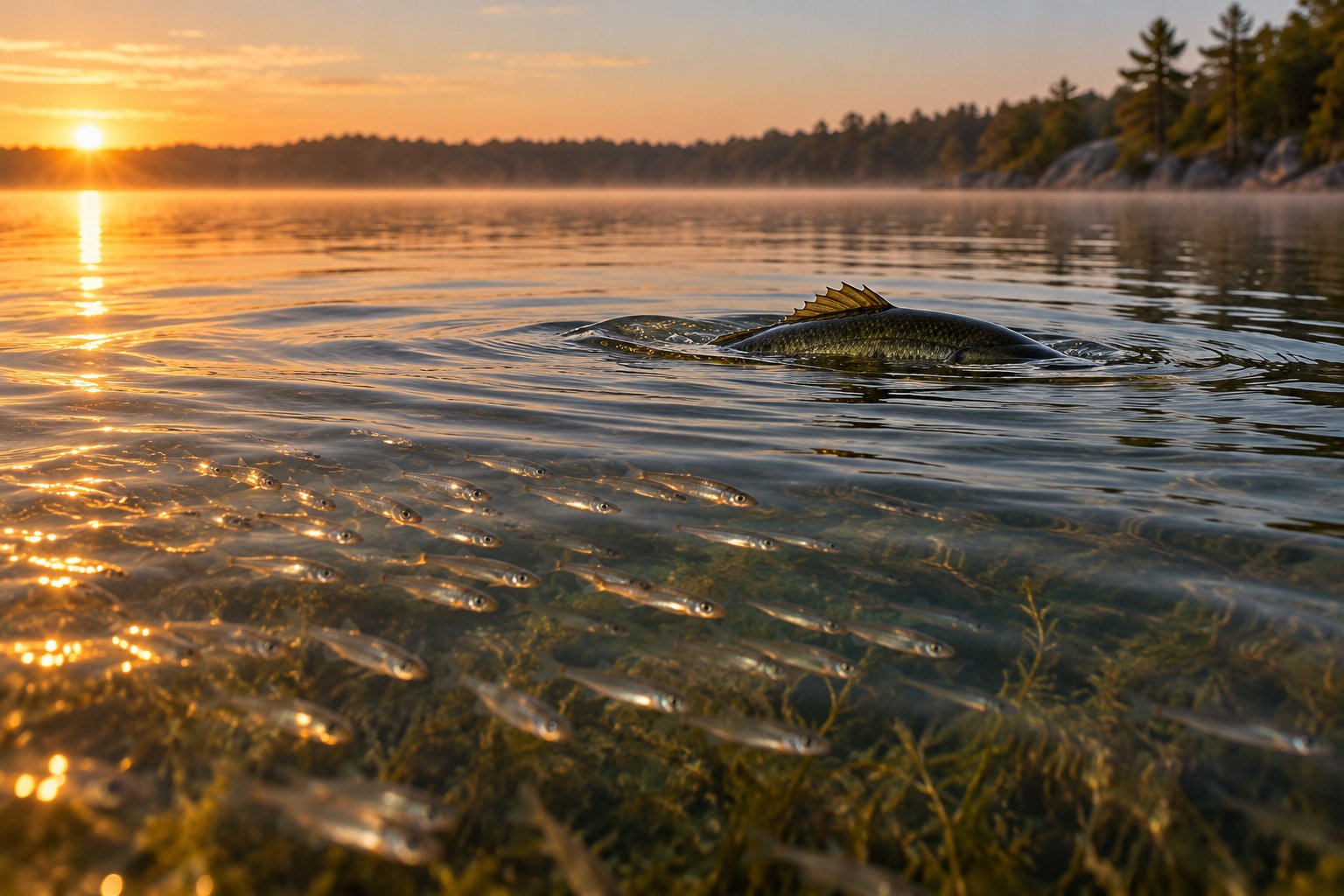 Shallow lake flat at first light with baitfish and a bass rolling on the surface