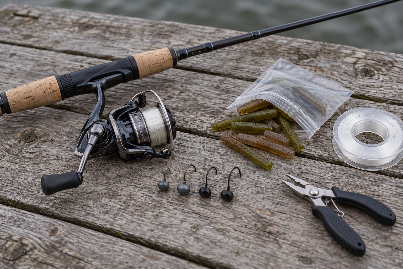 Overhead layout of a light spinning combo, mushroom jig heads, and short soft plastic stick baits