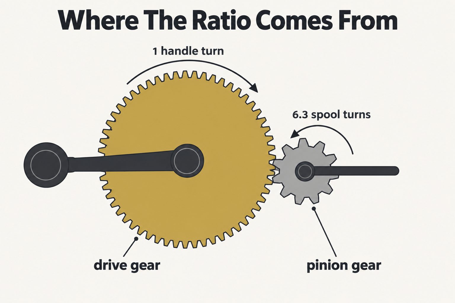 Diagram of a reel drive gear meshing with a smaller pinion gear