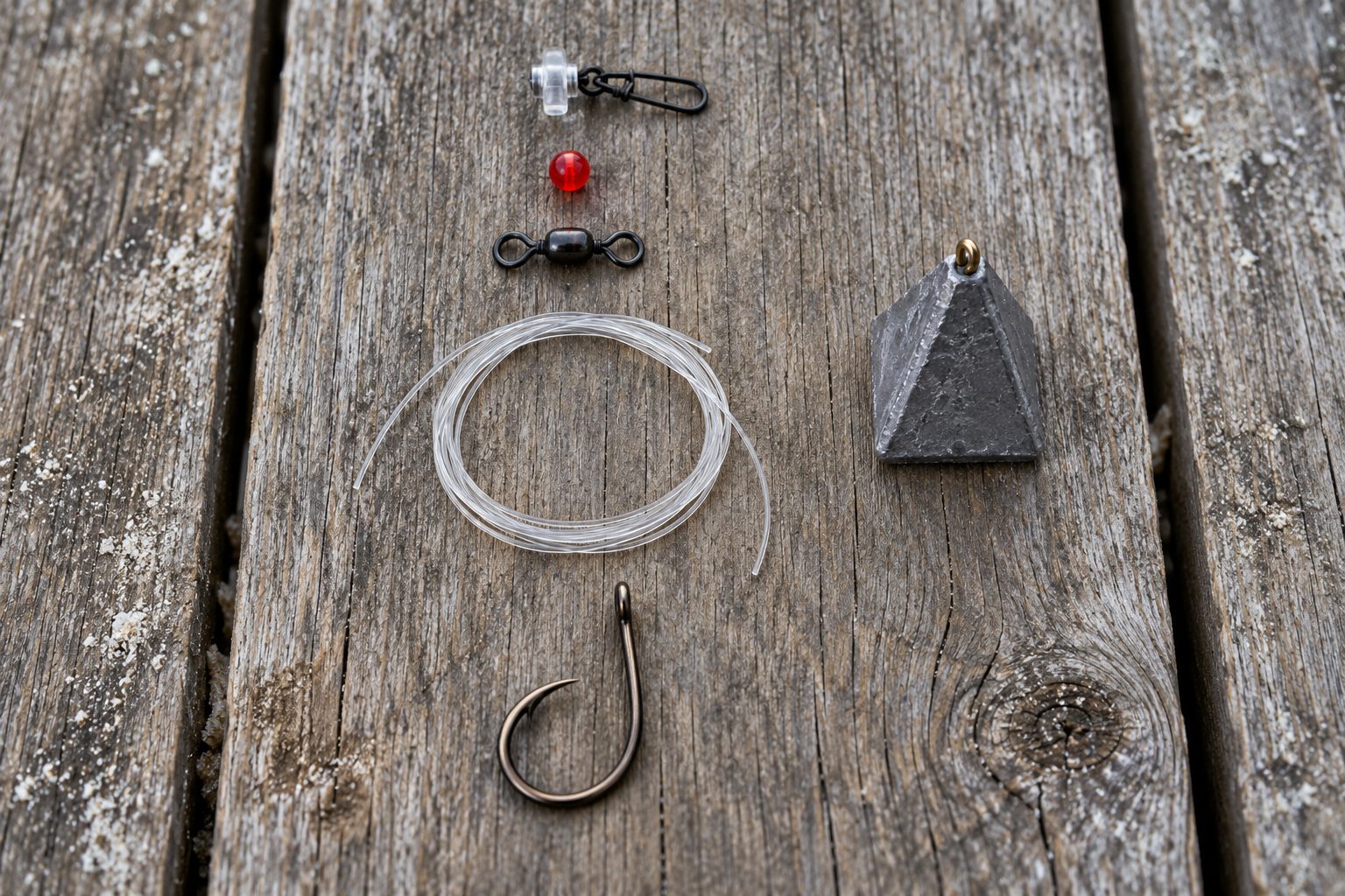 Fish finder rig components laid out on weathered pier planks