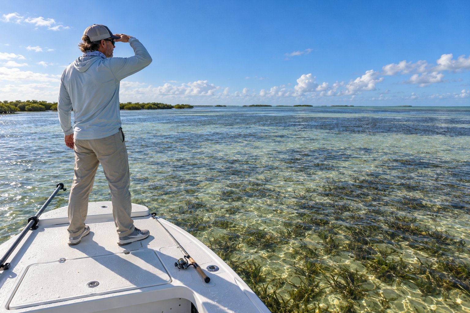 Angler standing on the bow platform scanning a shallow grass flat through polarized sunglasses