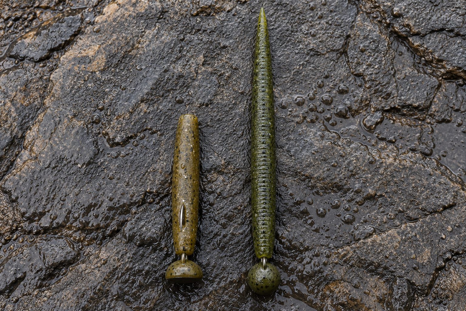 Ned rig and shaky head rig side by side on wet rock, showing bait size difference