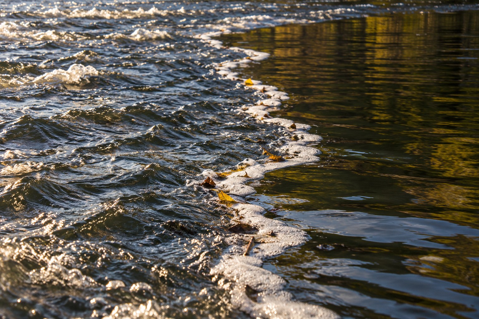 Close view of a current seam where a foam line divides fast rippled water from a smooth slow lane