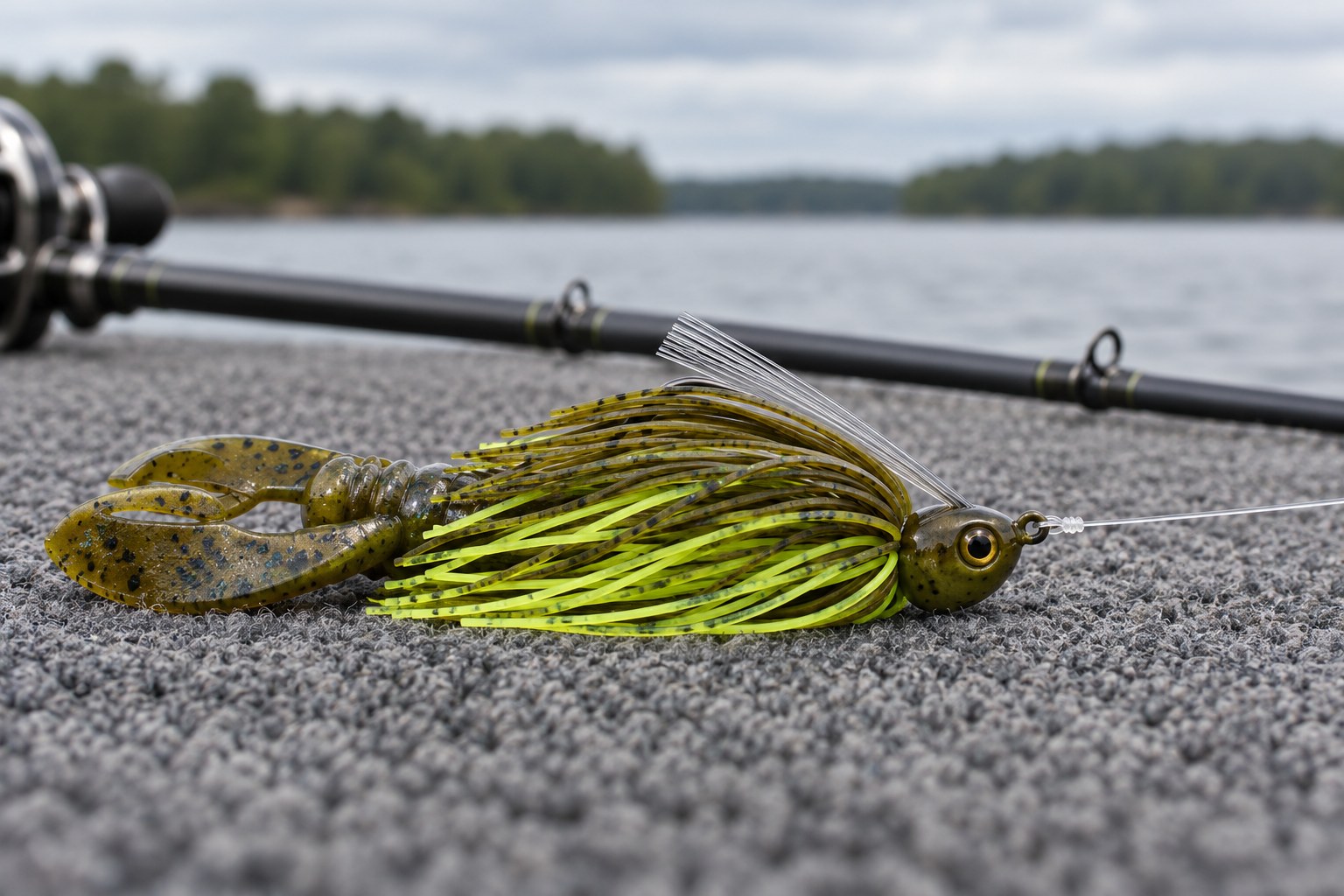Swim jig with a craw trailer rigged on a baitcasting rod