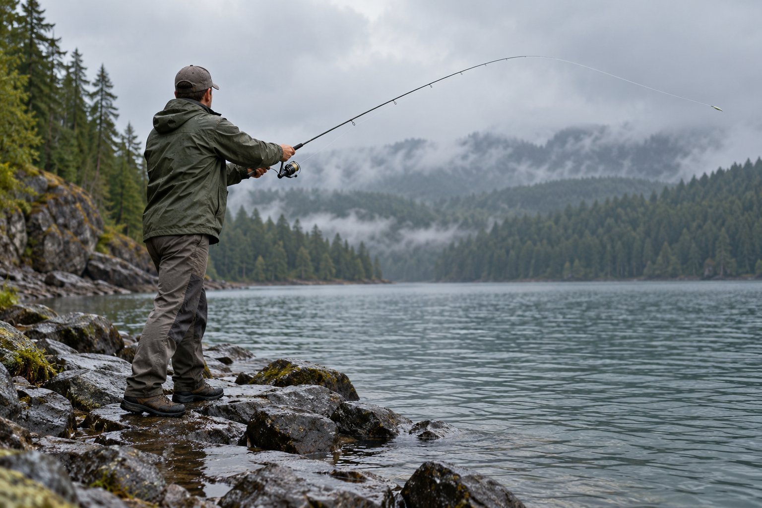 An angler casting from a rocky shoreline on an overcast morning