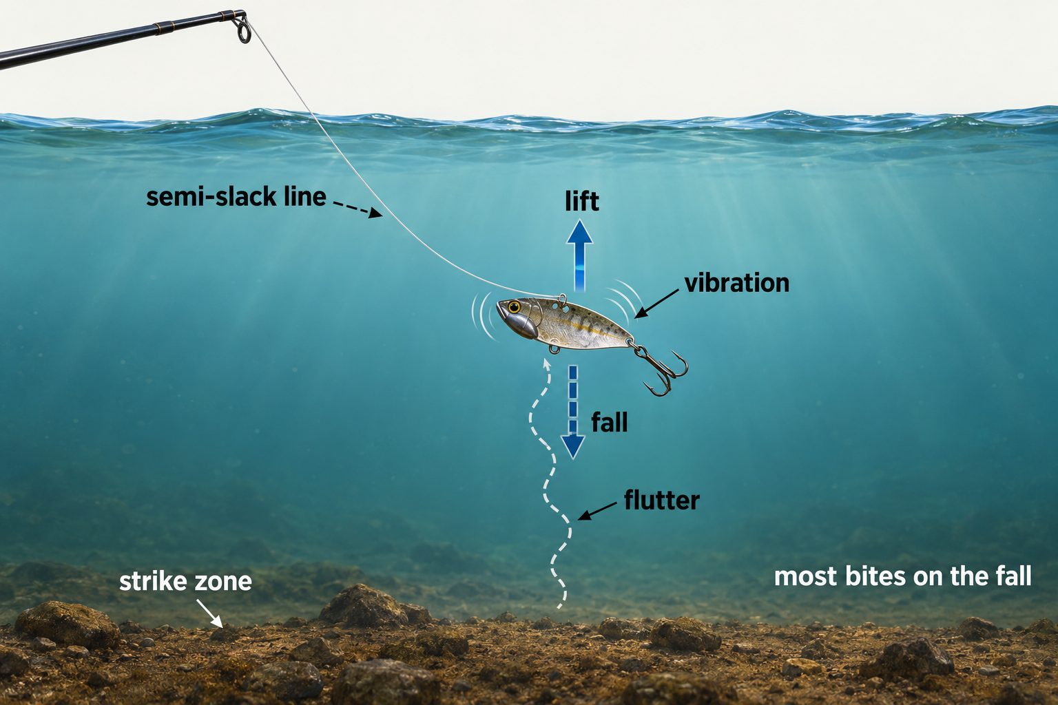 Diagram of a blade bait vibrating on the lift and fluttering on the fall on a semi-slack line