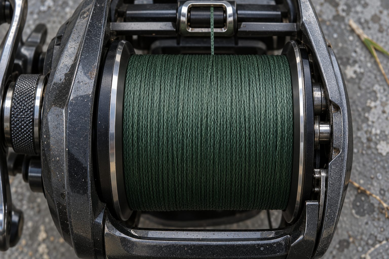 Overhead view of a baitcaster spool filled with green braided line just below the lip