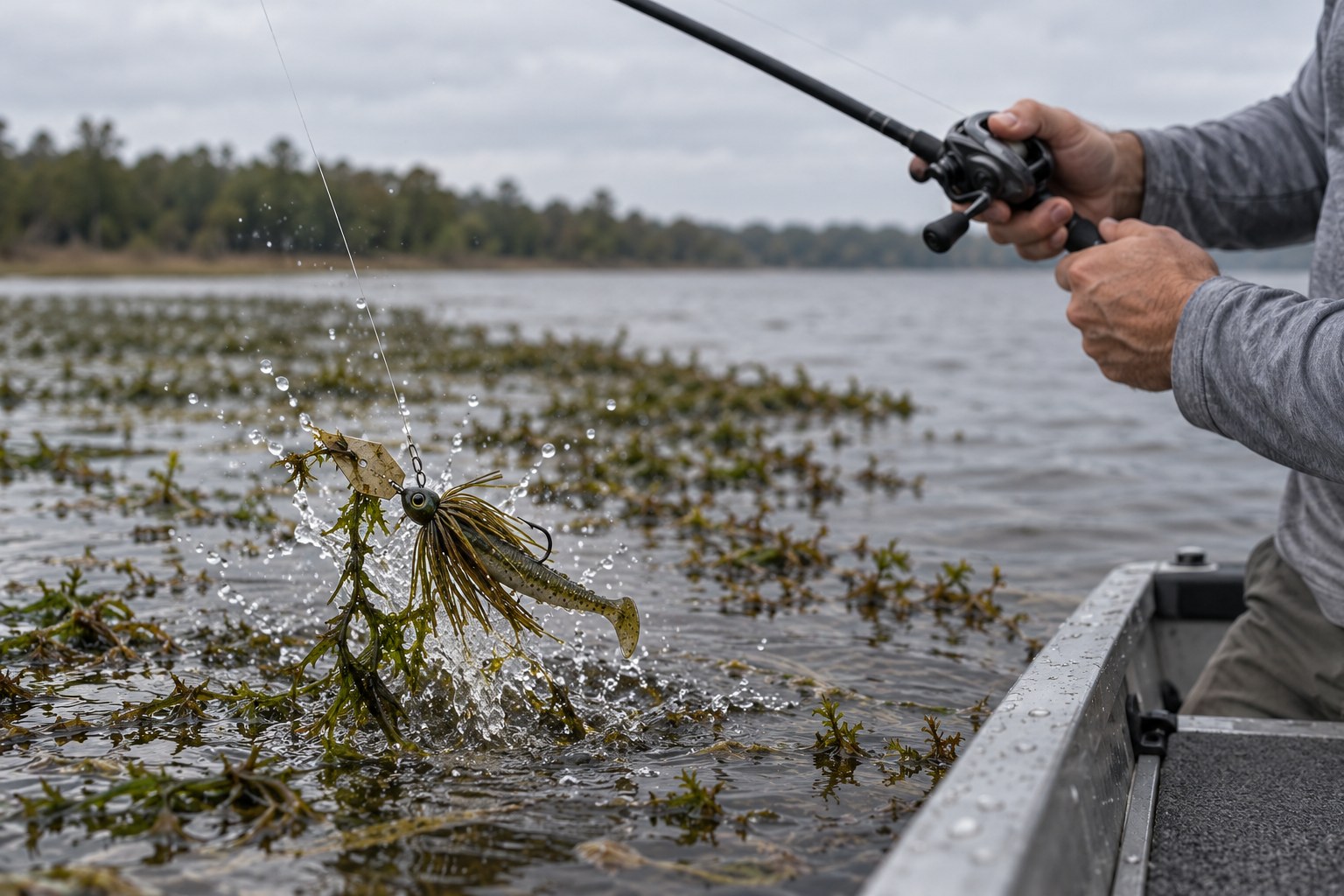 Angler ripping a bladed jig free from a grass edge on a shallow flat