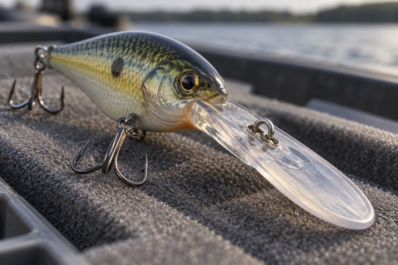 Macro close-up of a long-lipped deep-diving crankbait showing the bill, line tie, and split ring