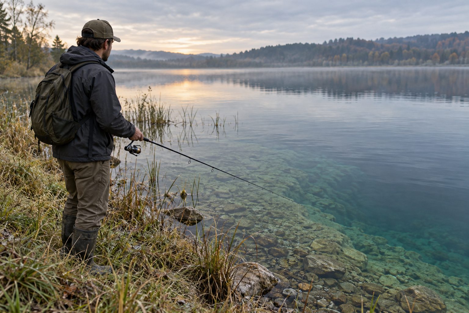 Angler standing on the bank of a clear lake at dawn, rod tip low toward the water