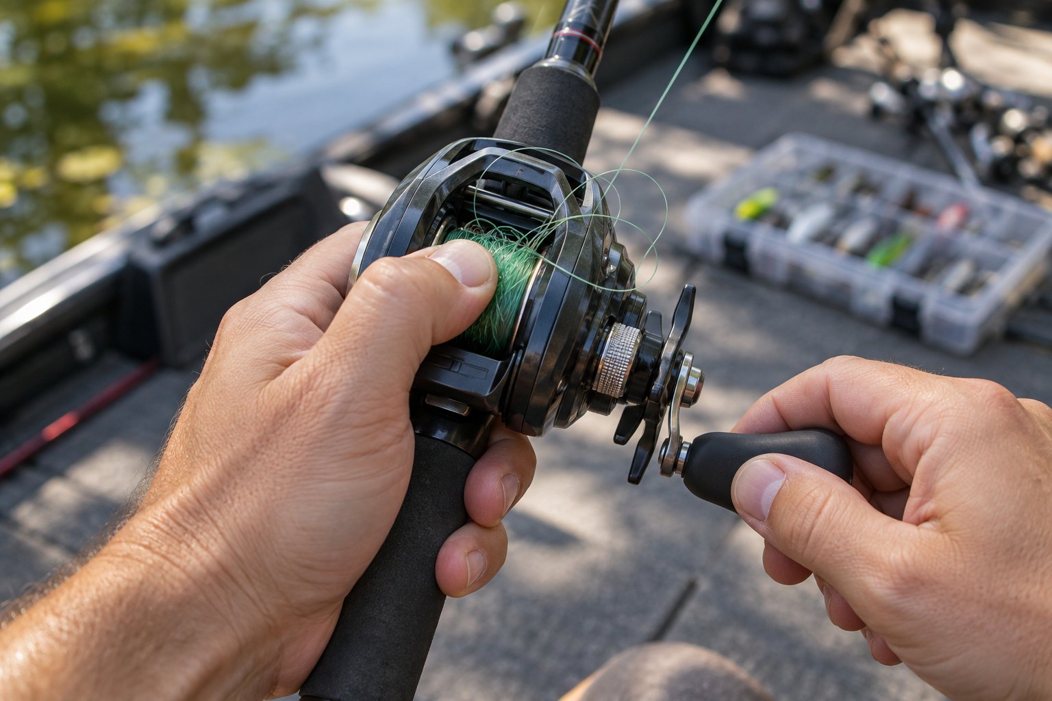 Angler pressing thumb on baitcaster spool while cranking handle to work out a line tangle