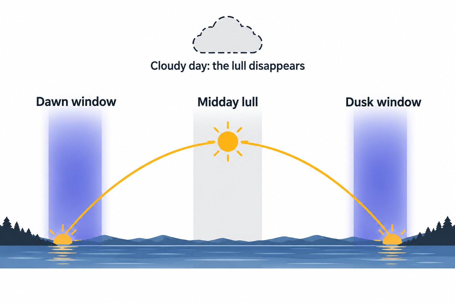 Timeline diagram of the dawn and dusk low-light fishing windows across a day