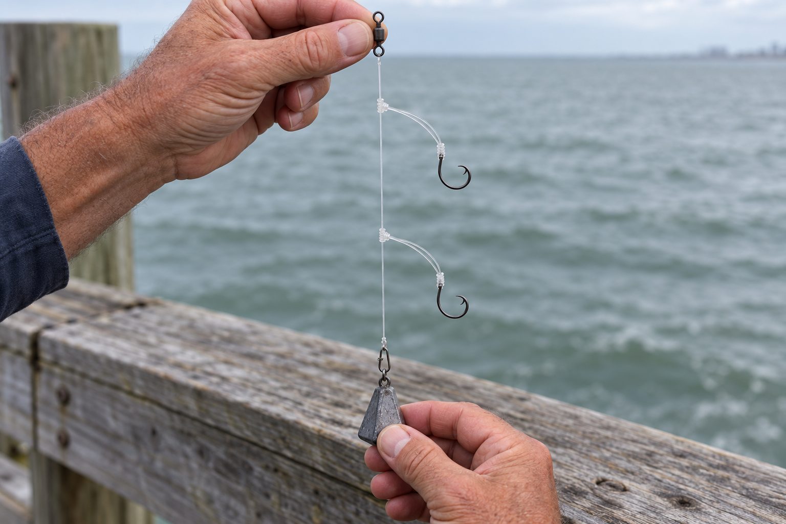 Angler holding a finished high/low rig with two hooks over the pier rail