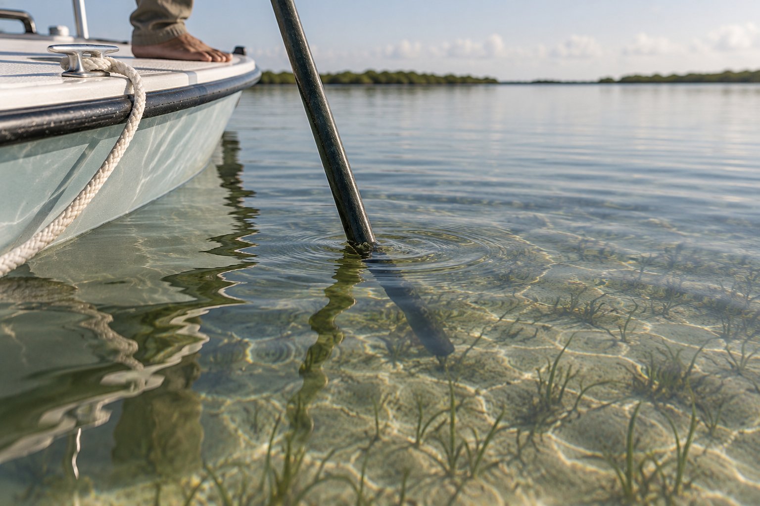 Push pole entering shallow water beside a skiff with almost no splash