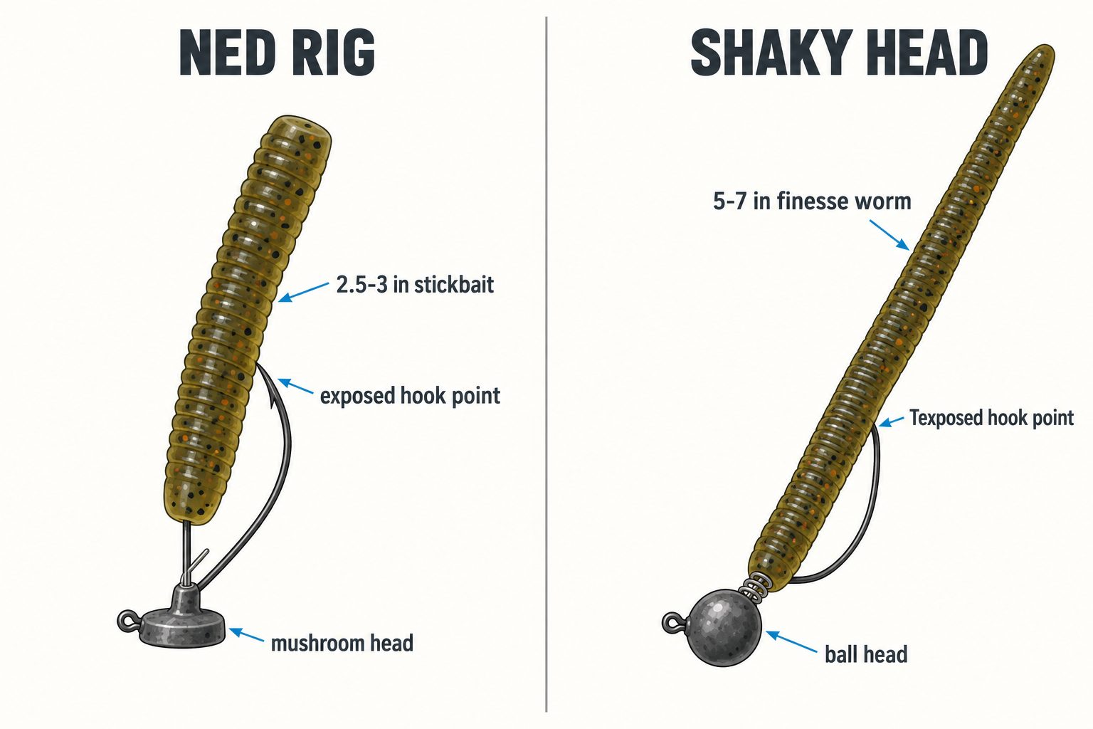 Labeled diagram comparing Ned rig and shaky head parts