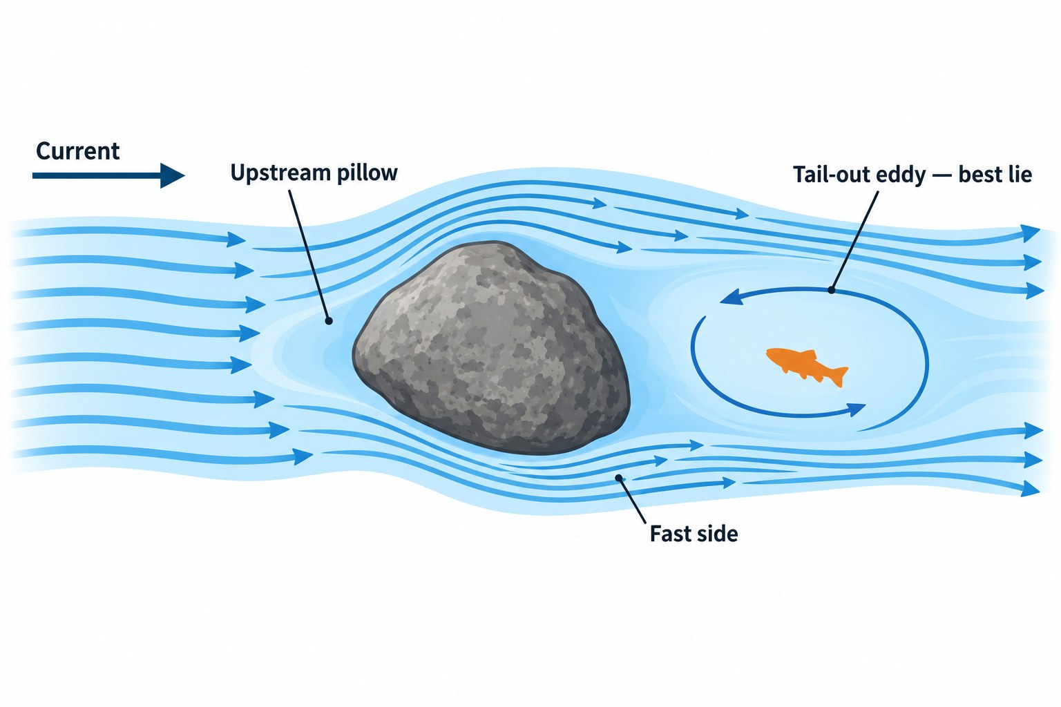 Labeled diagram of river current flowing around a boulder showing the upstream pillow, fast side ribbons, and tail-out eddy holding zone
