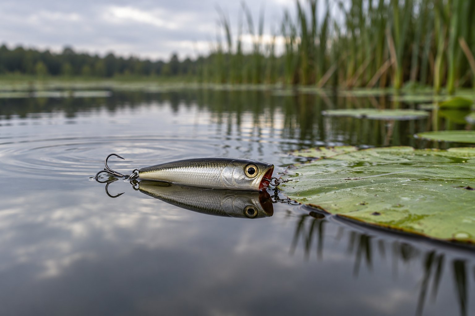 Topwater lure sitting motionless on still water beside a lily pad
