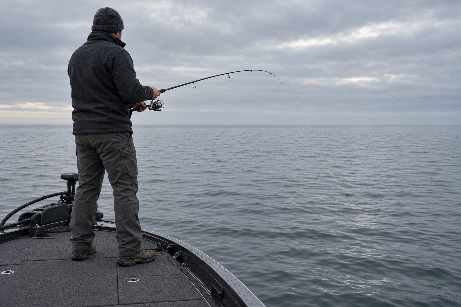 Angler vertical jigging with a spinning rod from the front deck of a boat on a cold morning
