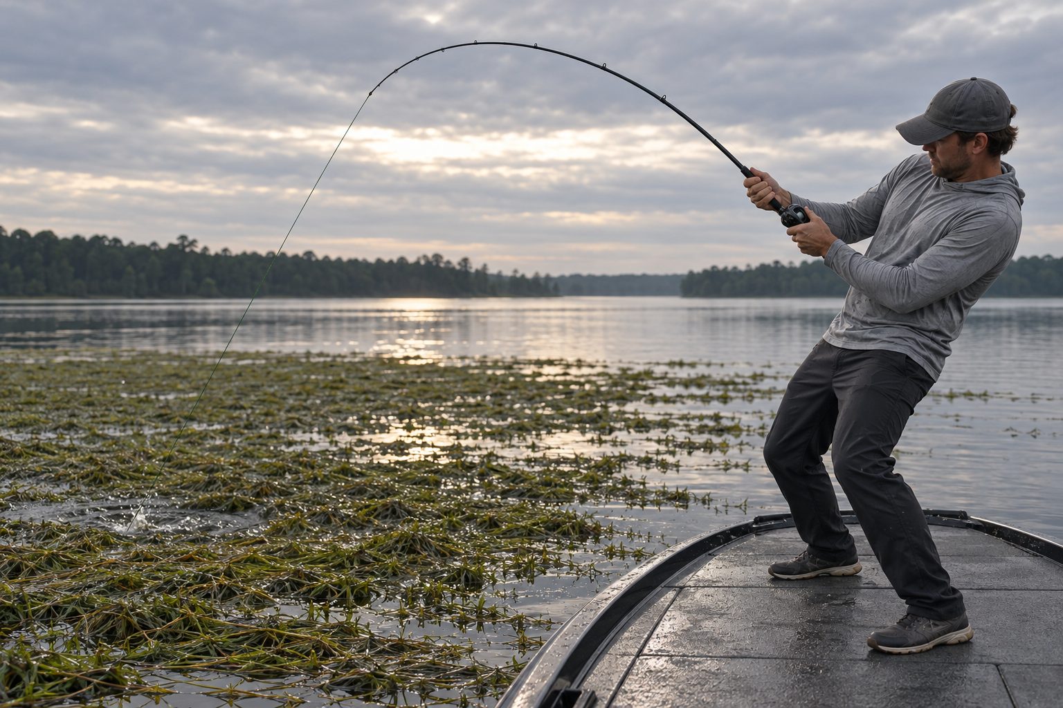 Angler setting the hook hard with a frog rod over a mat of aquatic grass