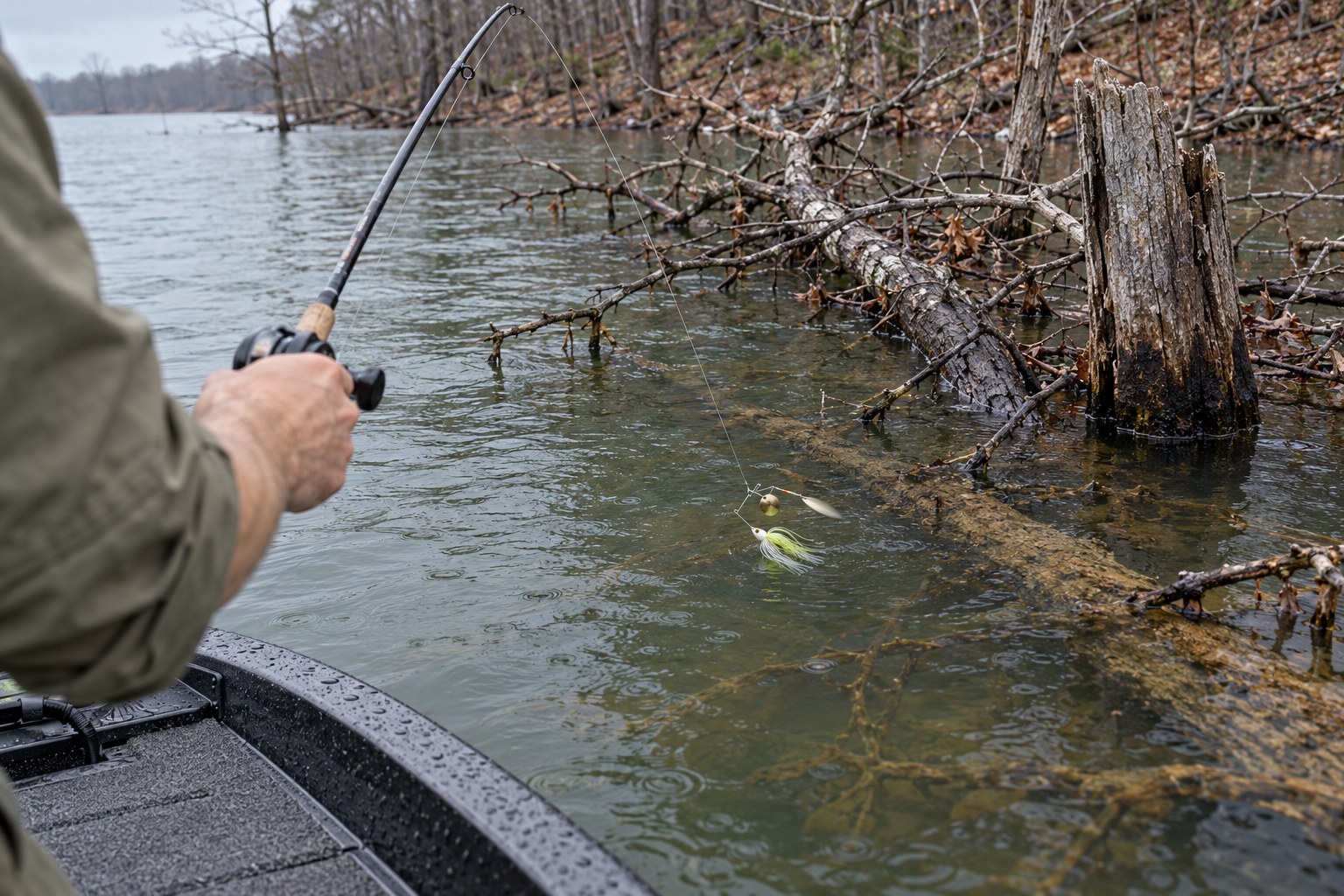 Angler slow-rolling a spinnerbait along a submerged laydown tree in stained water