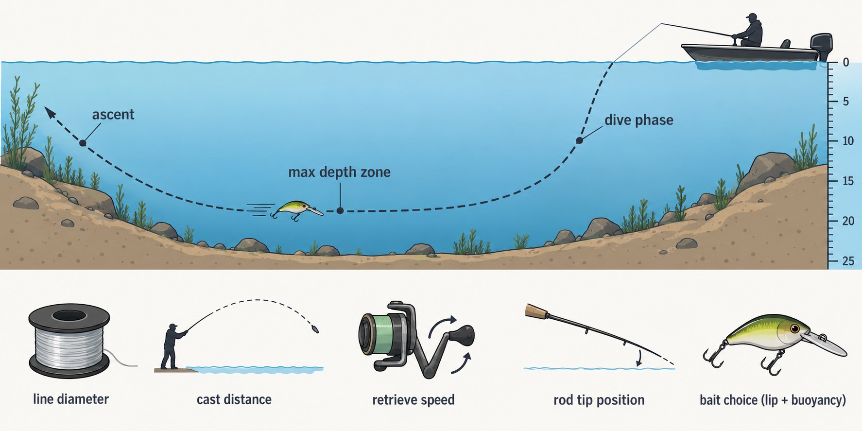 Diagram of a crankbait's dive curve with dive phase, max-depth zone, and ascent, plus the depth-control levers