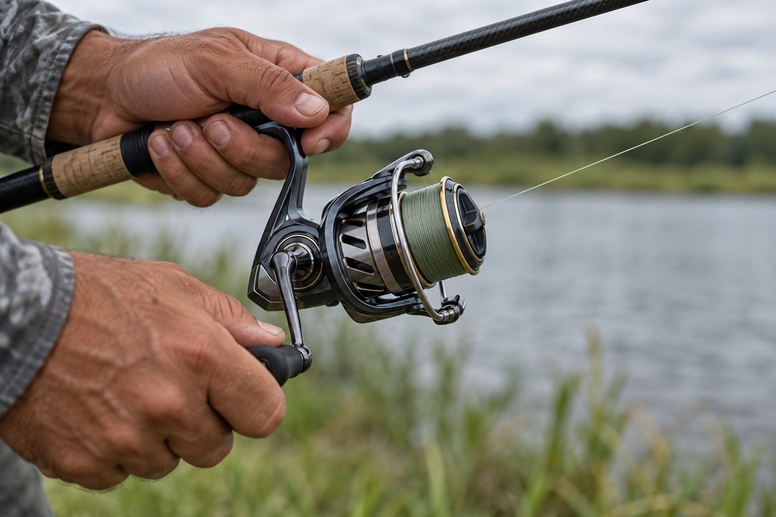 Close-up of hands winding thin braid line onto an open-face spinning reel