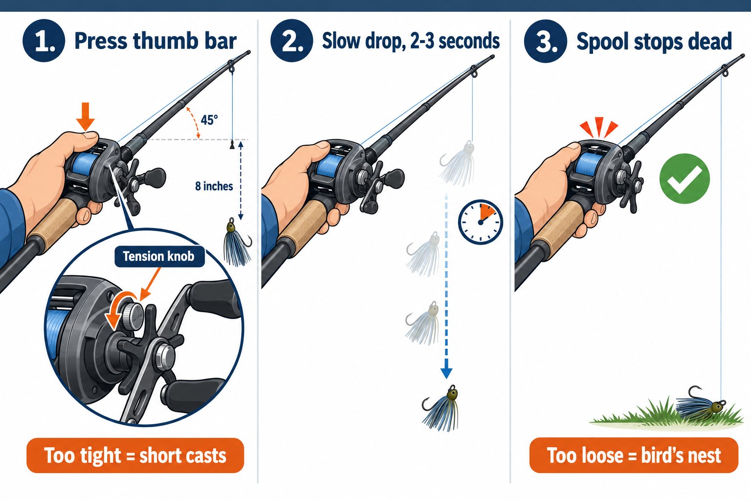 Diagram of the baitcaster spool tension drop test with lure hanging and spool stopping on the ground