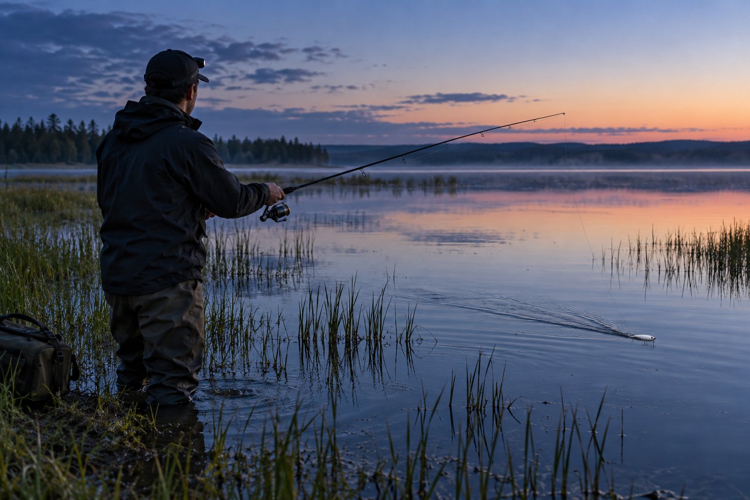 Angler casting a topwater walking bait along a shallow flat at first light