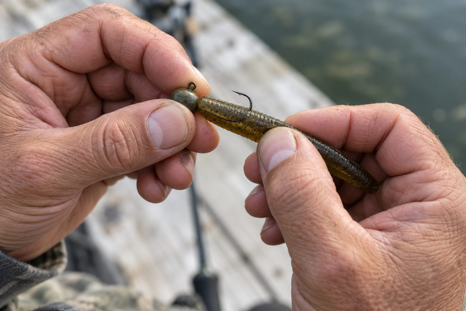 Hands threading a short soft plastic bait onto a mushroom jig head