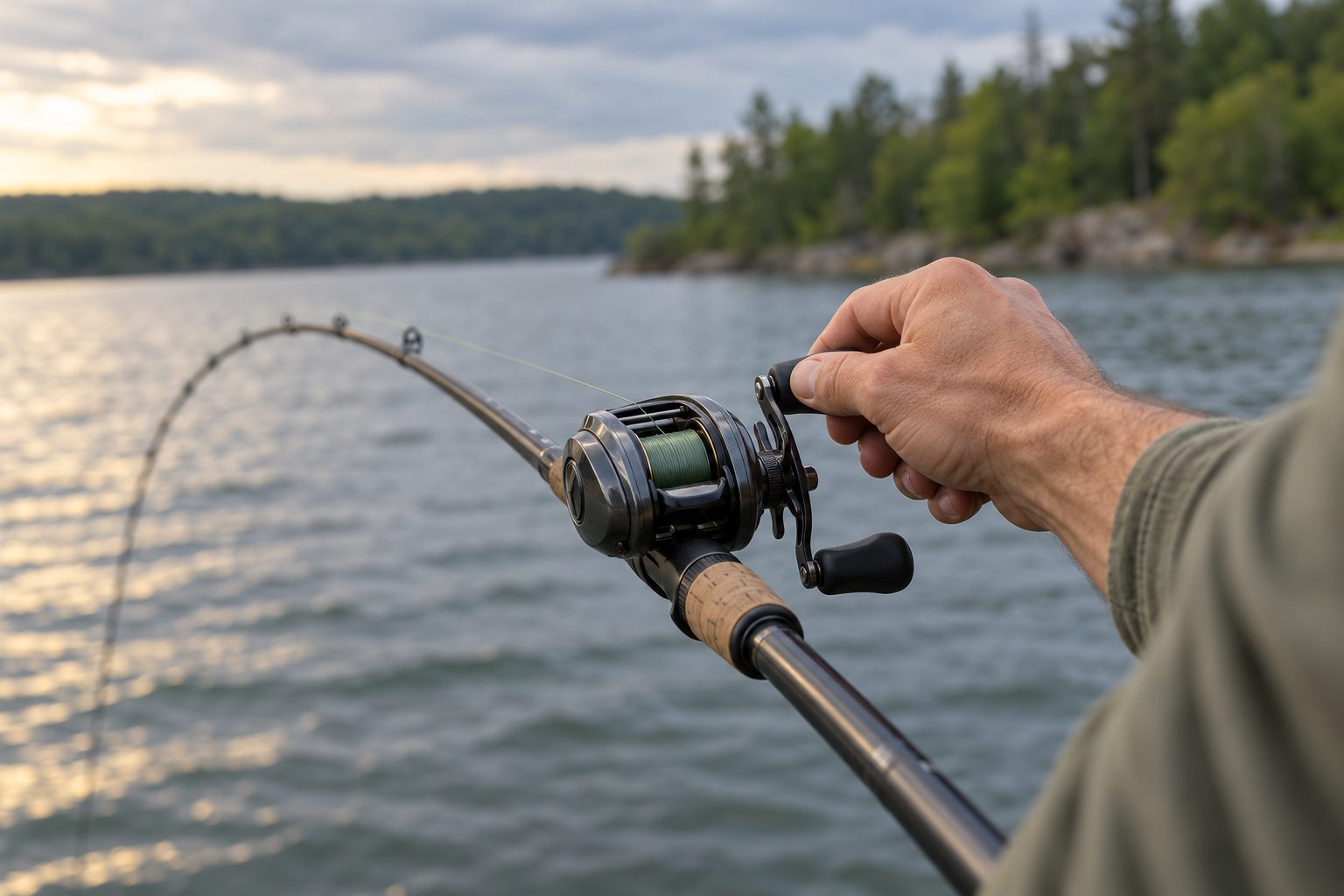 Angler's hand gripping a baitcaster handle as the rod loads against a hard-pulling lure