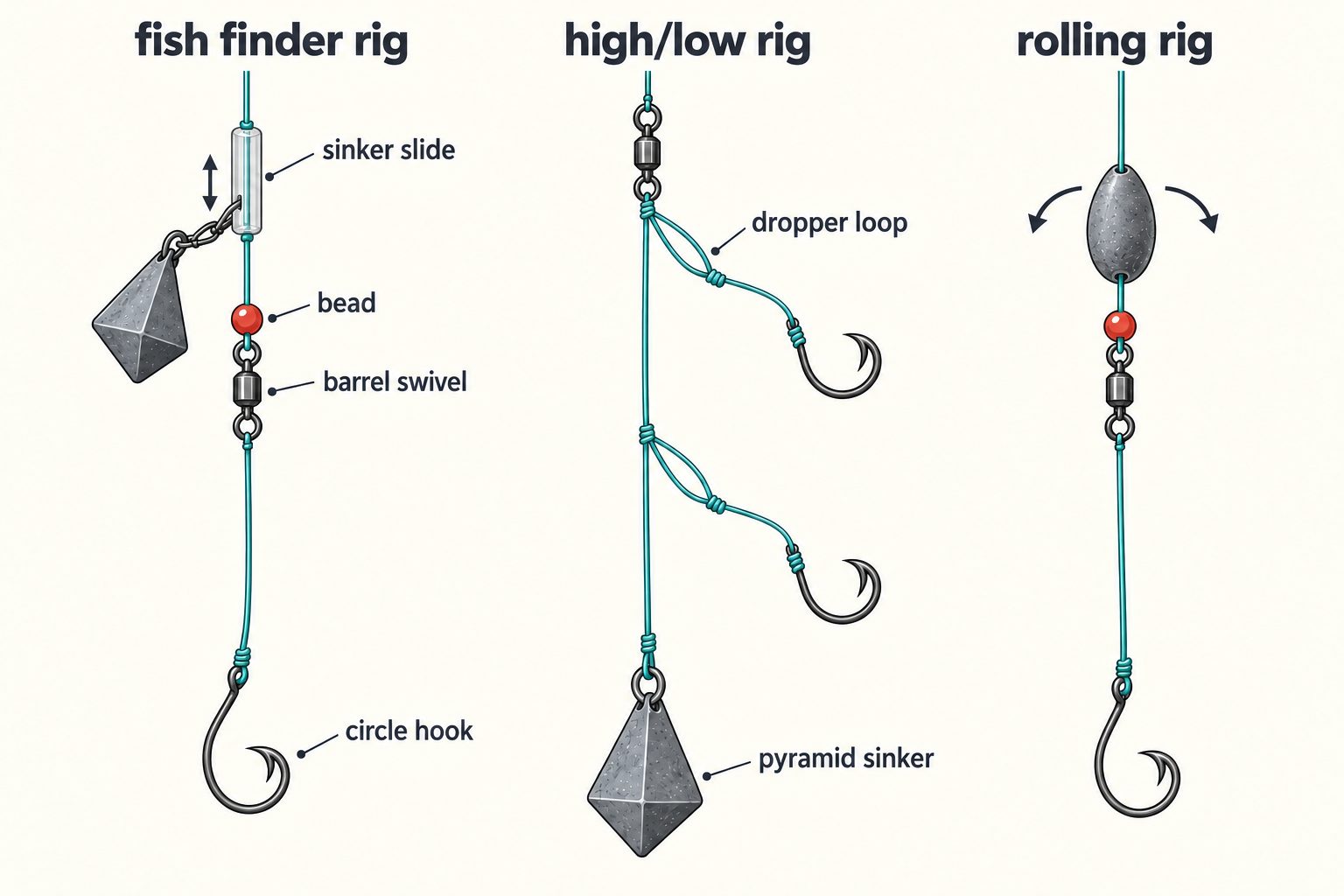 Diagram comparing fish finder, high/low, and rolling bottom rigs side by side