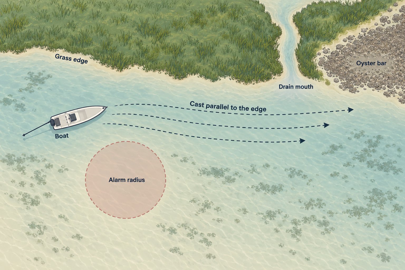 Overhead diagram showing boat position, cast lanes parallel to a grass edge, and a redfish alarm radius