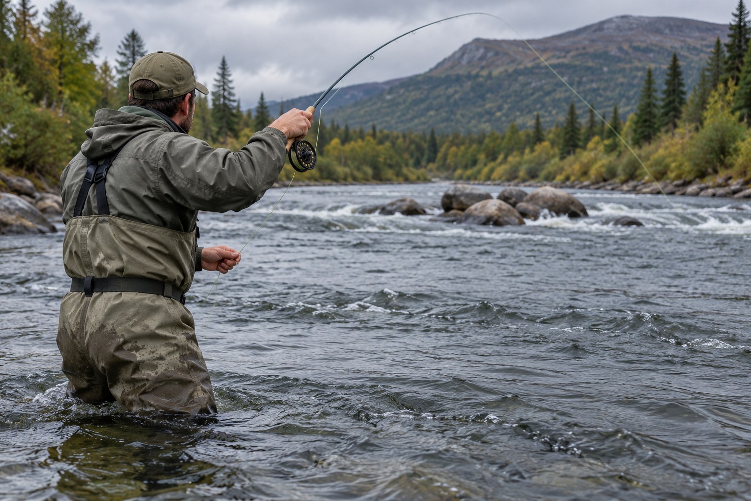 Angler in chest waders casting upstream toward a mid-river rock pile, seen from behind