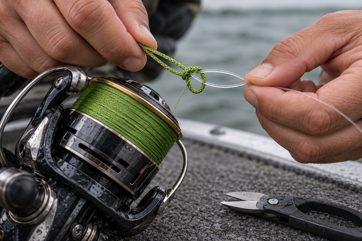 Close-up of fresh braided line on a spinning reel spool with a fluorocarbon leader being tied