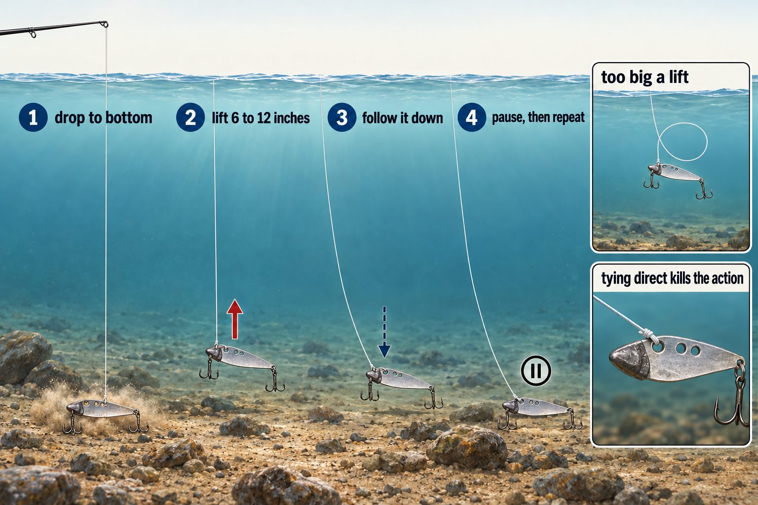 Diagram of the four-step blade bait lift-and-drop cycle with two common mistakes called out