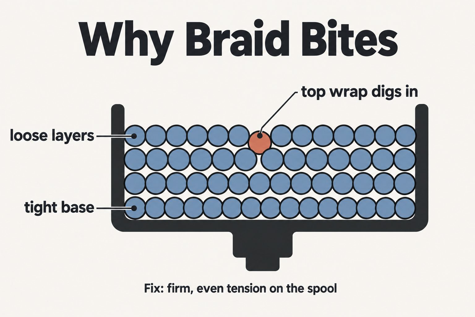 Cutaway diagram of braided line layers on a reel spool with a top wrap digging between lower wraps
