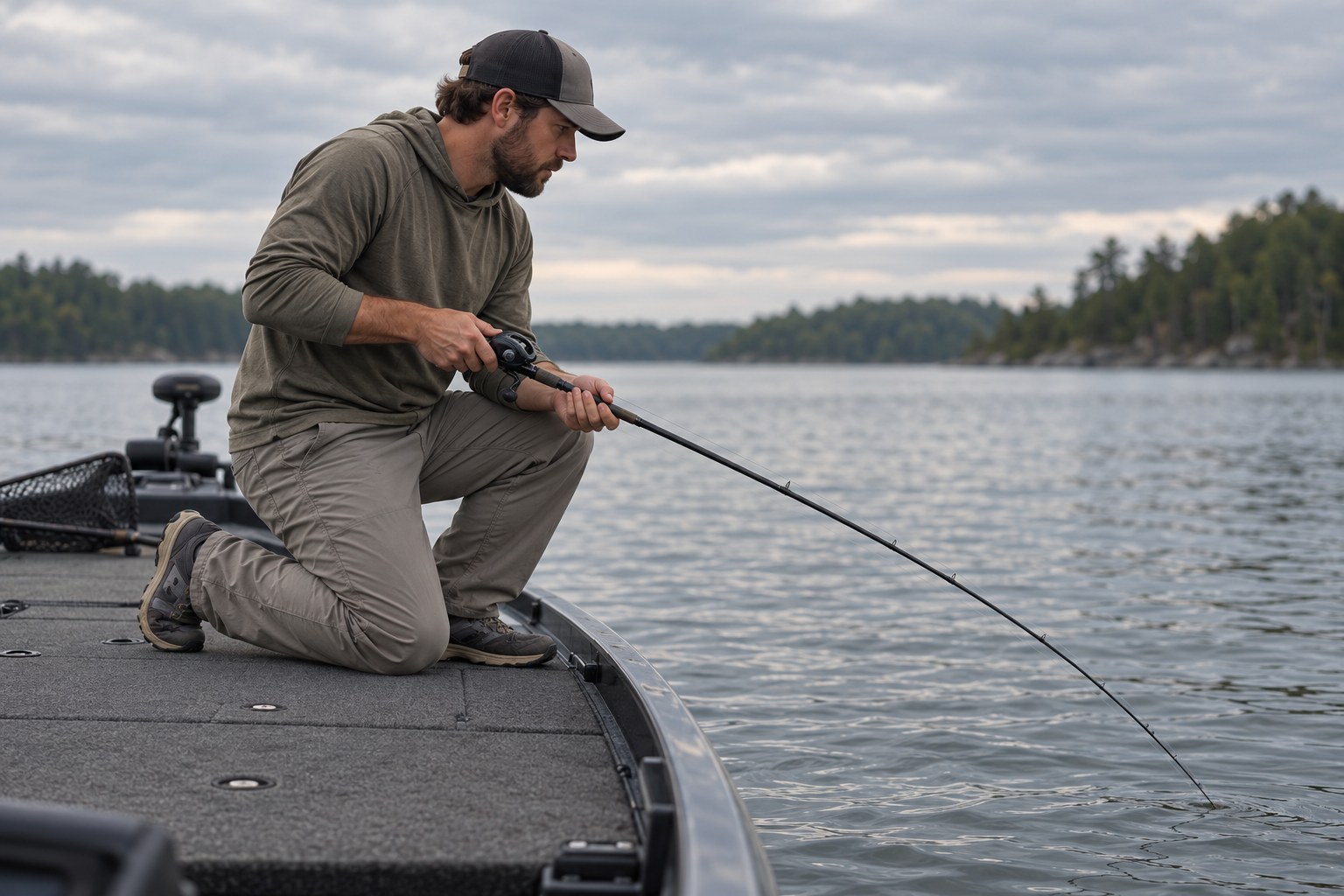 Angler kneeling on the front deck of a boat holding a rod tip low and close to the water