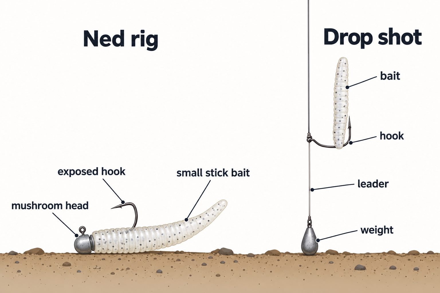 Labeled diagram showing a Ned rig and a drop shot rig side by side with their parts called out