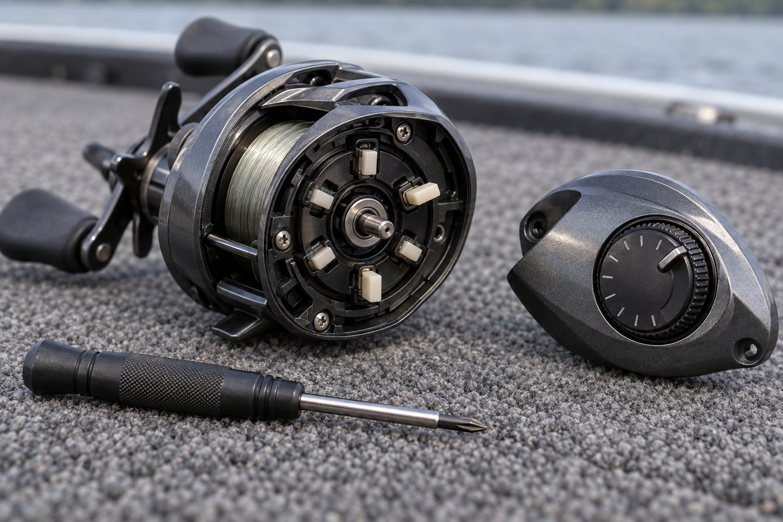 Close-up of a baitcaster magnetic brake dial and centrifugal brake pins with side plate removed