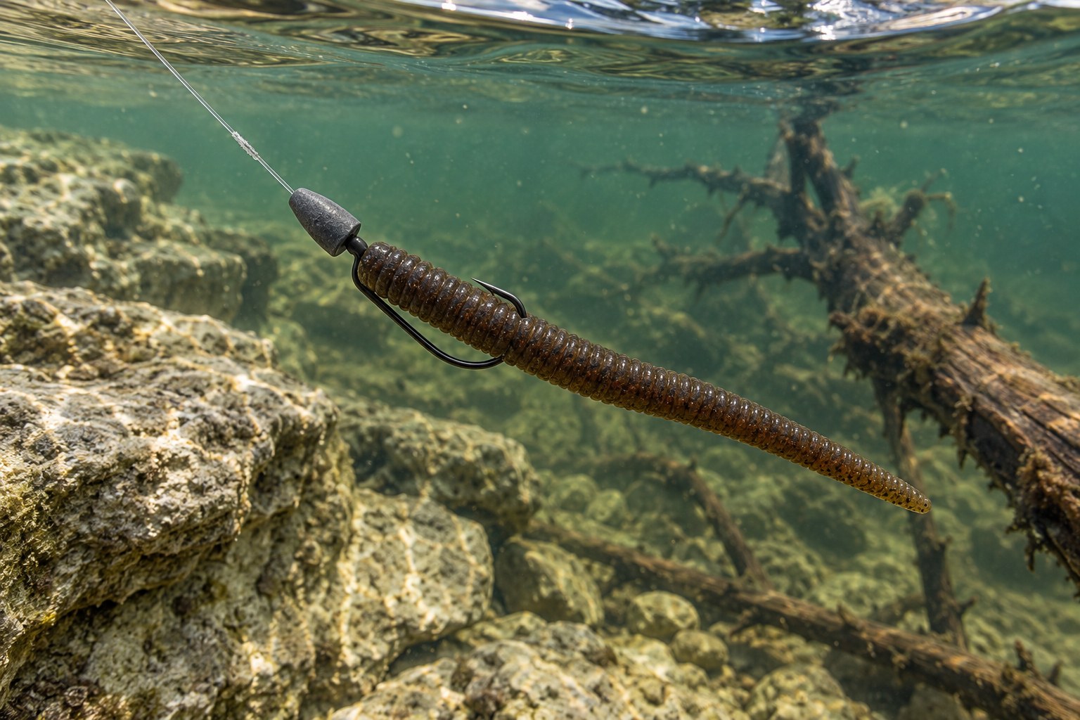 Fluorocarbon leader running down to a Texas-rigged soft plastic beside submerged rock and sunken wood