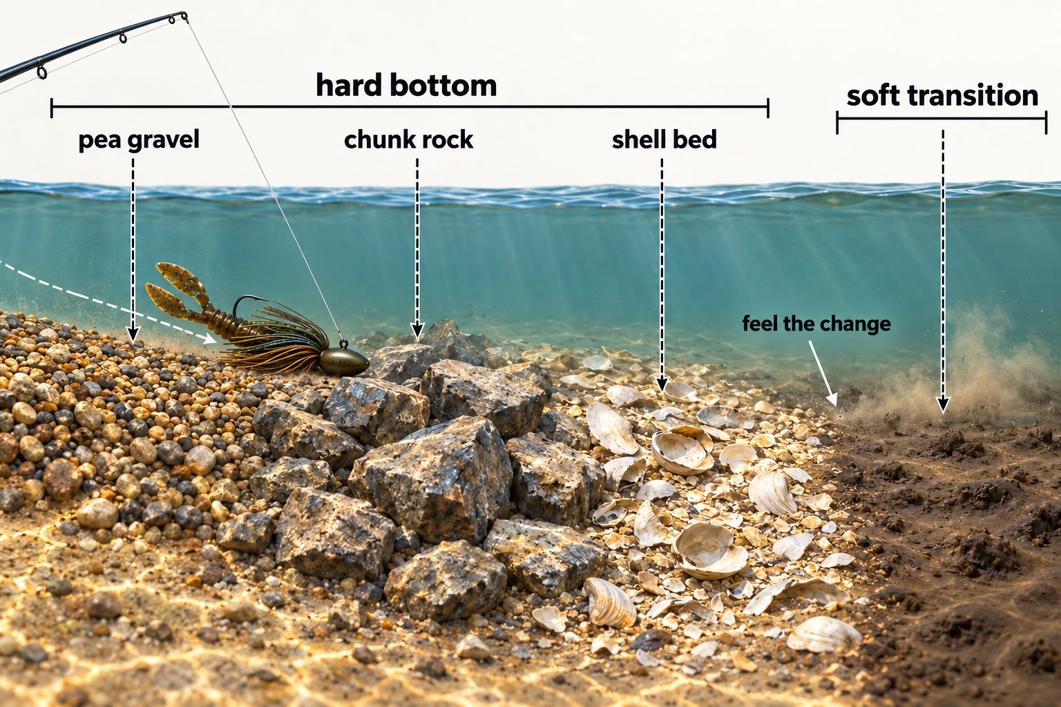 Diagram of a football jig dragging across gravel, chunk rock, shell, and soft bottom with line-feel callouts