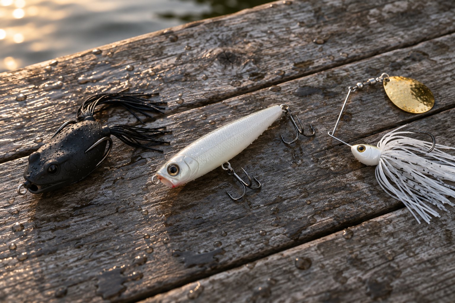 Three low-light lures laid out on a dark dock plank: black topwater, white walking bait, and a spinnerbait