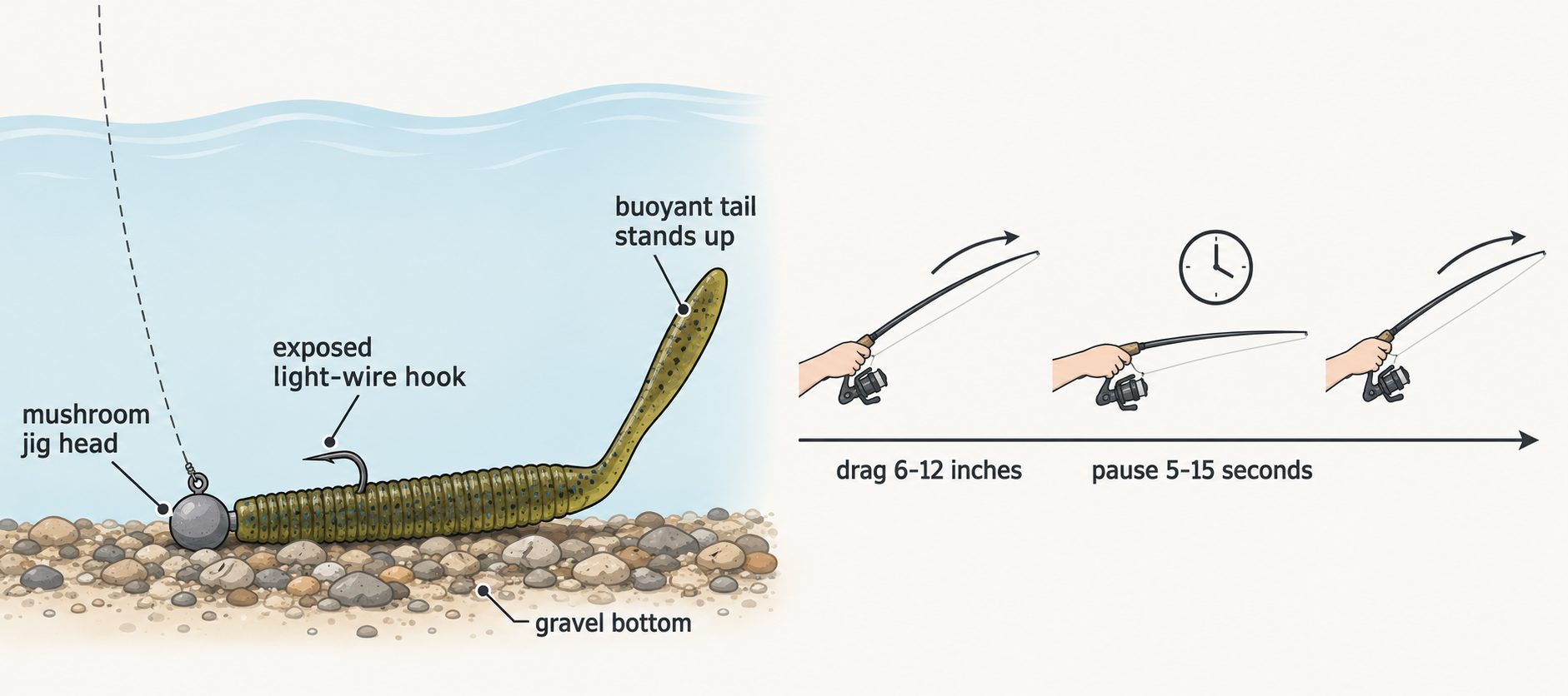 Labeled diagram of a Ned rig standing tail-up on the bottom with a drag-and-pause retrieve timeline